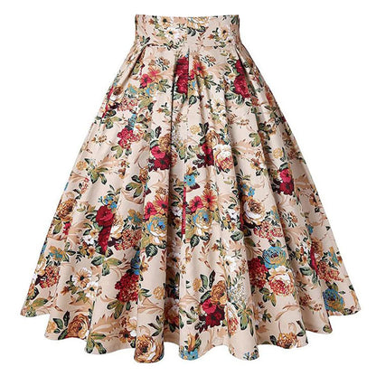 Summer French Style Women Short Vintage Pleated High Waist Floral Print Jupe Longo Elegant Ladies Office 50s Midi Tunic Skirts