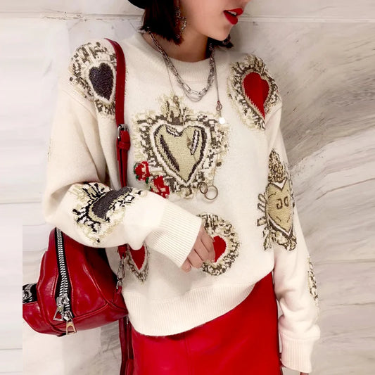 Elegant Sweater Women Casual Fashion Loose Women Sweaters and Pullovers Love Embroidery Jumper Sueter Mujer