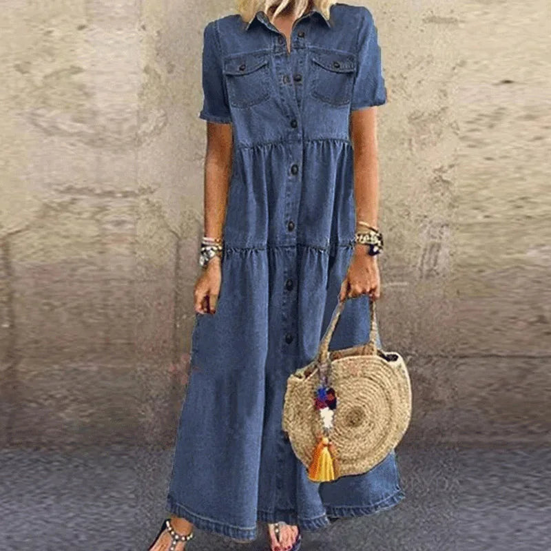 Elegant Denim Floral Print Long Dress For Women Turn-down Collar Button Shirt Dress Short Sleeve A-Line Party Dresses Vestidos