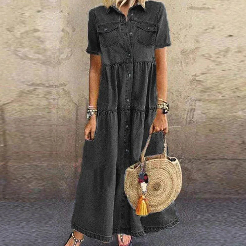 Elegant Denim Floral Print Long Dress For Women Turn-down Collar Button Shirt Dress Short Sleeve A-Line Party Dresses Vestidos