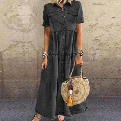 Elegant Denim Floral Print Long Dress For Women Turn-down Collar Button Shirt Dress Short Sleeve A-Line Party Dresses Vestidos