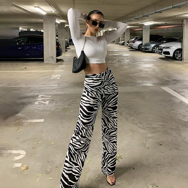 2024 Summer Zebra Print Wide Leg Pants Y2K Trousers Sexy High Waist Women New Fashion Casual Female Stripe Streetwear 16395