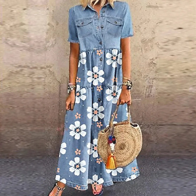 Elegant Denim Floral Print Long Dress For Women Turn-down Collar Button Shirt Dress Short Sleeve A-Line Party Dresses Vestidos