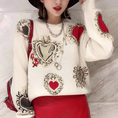 Elegant Sweater Women Casual Fashion Loose Women Sweaters and Pullovers Love Embroidery Jumper Sueter Mujer