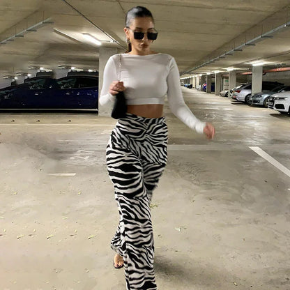 2024 Summer Zebra Print Wide Leg Pants Y2K Trousers Sexy High Waist Women New Fashion Casual Female Stripe Streetwear 16395