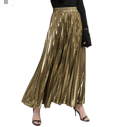 Check Skirt Pleated Maxi Skirt High Waist Harajuku Large Swing Gold Long Skirts For Women XXL Saias