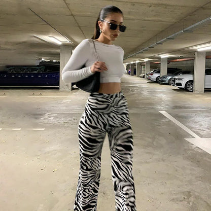 2024 Summer Zebra Print Wide Leg Pants Y2K Trousers Sexy High Waist Women New Fashion Casual Female Stripe Streetwear 16395