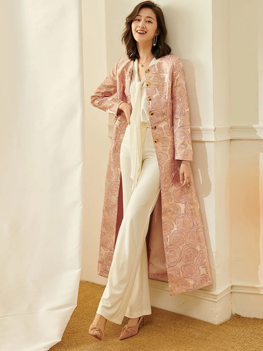 Women Long Trench Coat Floral Jacquard Button Overcoat Elegant Jackets