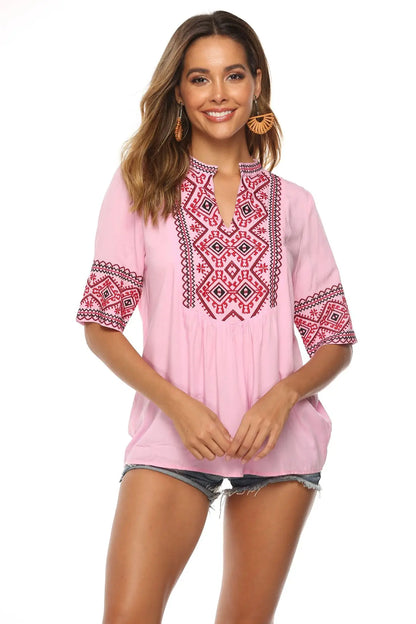 KHALEE YOSE Boho Floral Embroidery Blouse Shirt White Pink Summer Spring Mexican Shirt Women Lace Tie Up 2xl 3XL Ethnic Shirt