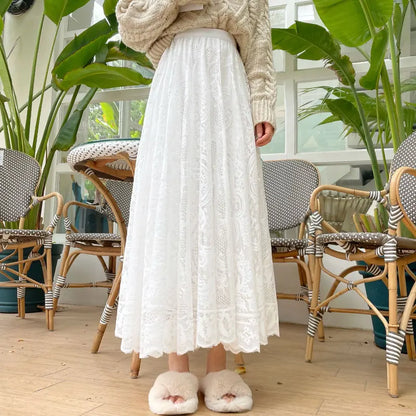 Long Maxi Skirts For Women Spring Summer Korean Cute Princess Style Elastic High Waisted A-Line Floral Lace Skirt White Black