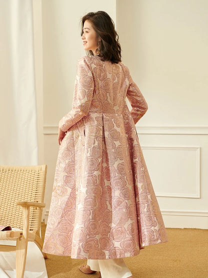 Women Long Trench Coat Floral Jacquard Button Overcoat Elegant Jackets