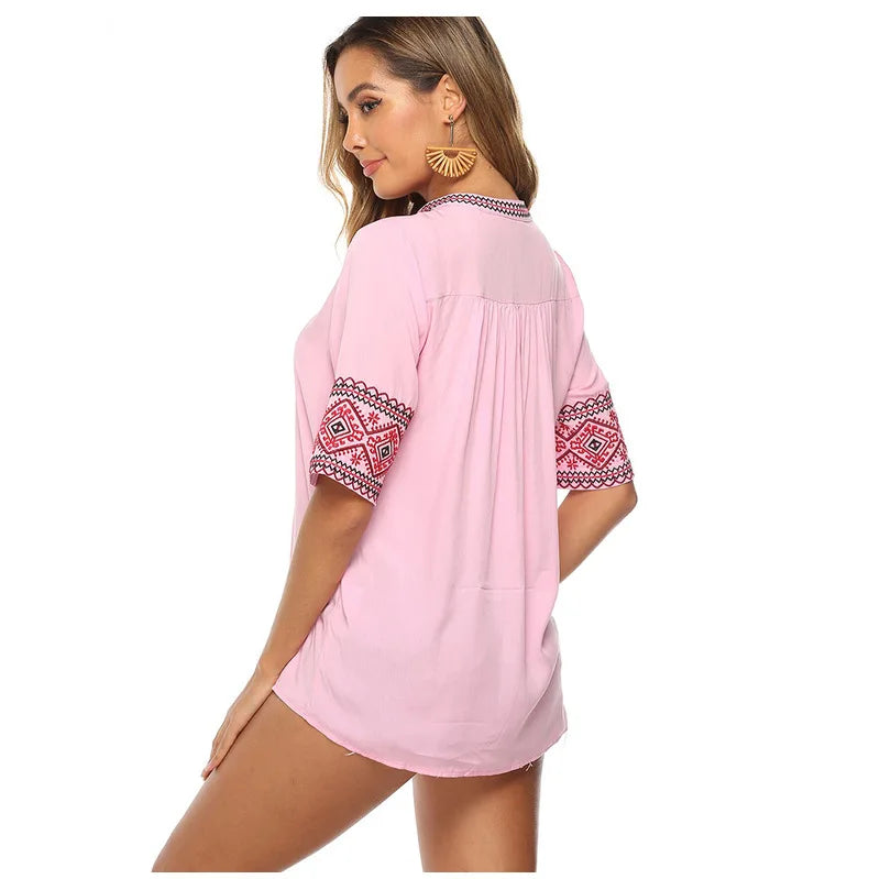 KHALEE YOSE Boho Floral Embroidery Blouse Shirt White Pink Summer Spring Mexican Shirt Women Lace Tie Up 2xl 3XL Ethnic Shirt