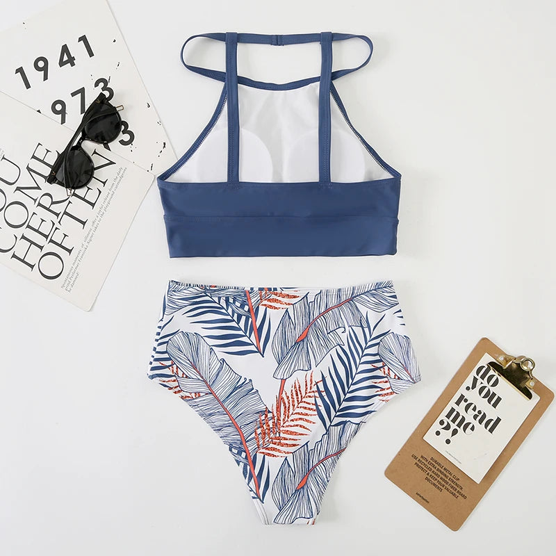 2025 High Waist Bikini Women High Neck Swimsuit Printed Swimwear Female Padded Beachwear Bathers Bathing Swimming Swim Suit
