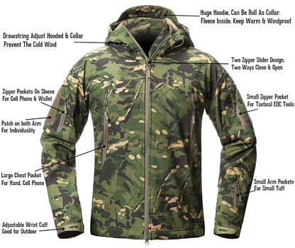 Men's Soft Shell Camouflage Tactical Jacket Men Waterproof Fleece Lined Coat Hooded Outdoor Hiking Hunting Clothes