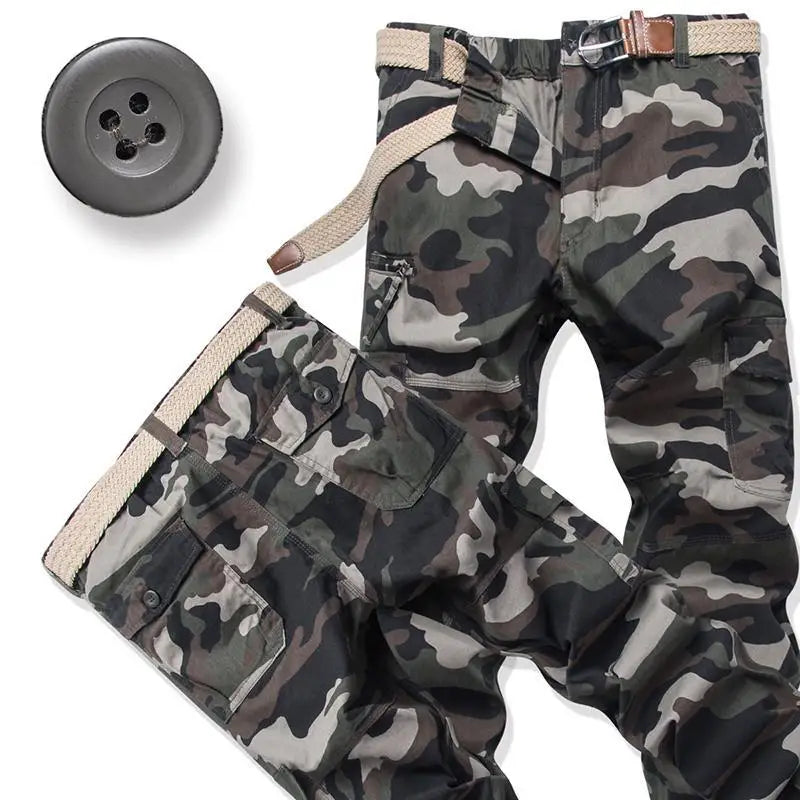 Male Cotton Camouflage Pants Men's Tactical Overalls Hiking Premium Elasticated Waist Multi Pocket Large Size Cargo Trousers