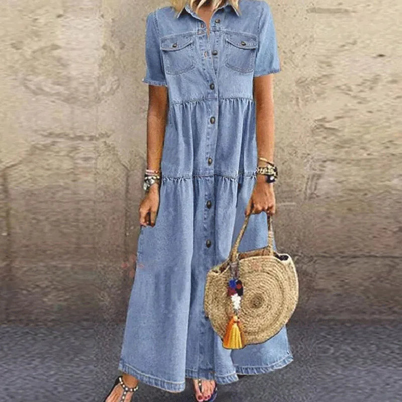 Elegant Denim Floral Print Long Dress For Women Turn-down Collar Button Shirt Dress Short Sleeve A-Line Party Dresses Vestidos