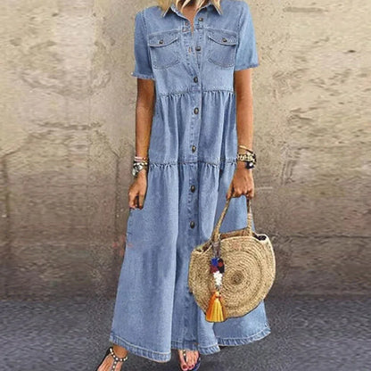 Elegant Denim Floral Print Long Dress For Women Turn-down Collar Button Shirt Dress Short Sleeve A-Line Party Dresses Vestidos