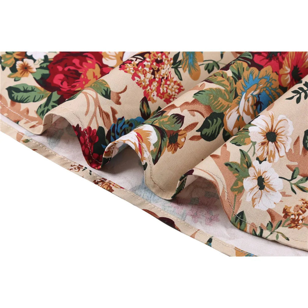 Summer French Style Women Short Vintage Pleated High Waist Floral Print Jupe Longo Elegant Ladies Office 50s Midi Tunic Skirts