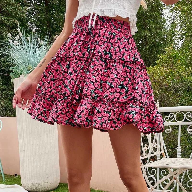 Women Summer High Waist Elastic Pleated Skirt Elegant Boho Ruffles Floral Print Harajuku Beach Holiday Mini Aline Skirts 2021