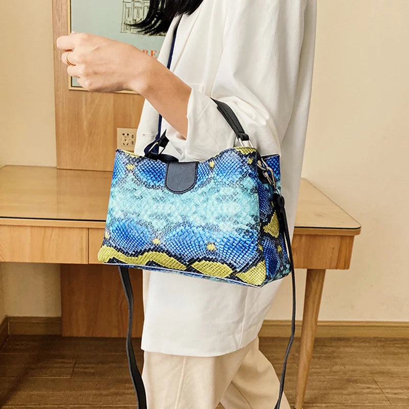Women Fashion Snake Print Handbags Purse Vintage PU Leather Crossbody Bags Female Serpentine Casual Large Messenger Shoulder Bag