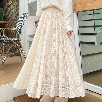 Long Maxi Skirts For Women Spring Summer Korean Cute Princess Style Elastic High Waisted A-Line Floral Lace Skirt White Black