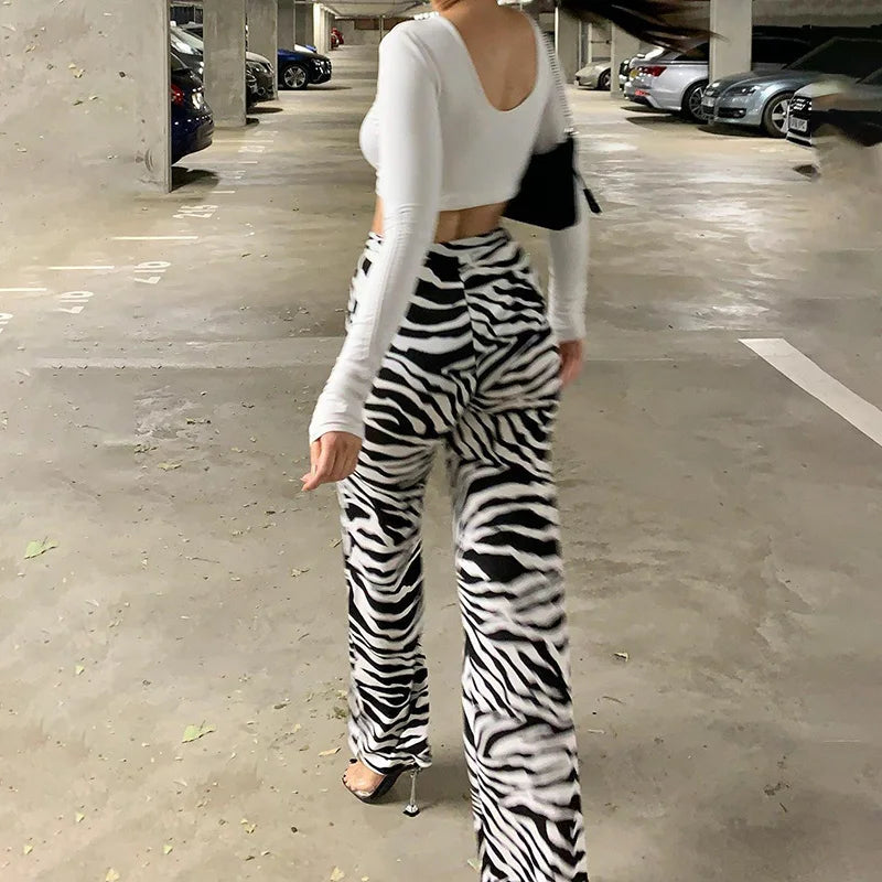 2024 Summer Zebra Print Wide Leg Pants Y2K Trousers Sexy High Waist Women New Fashion Casual Female Stripe Streetwear 16395