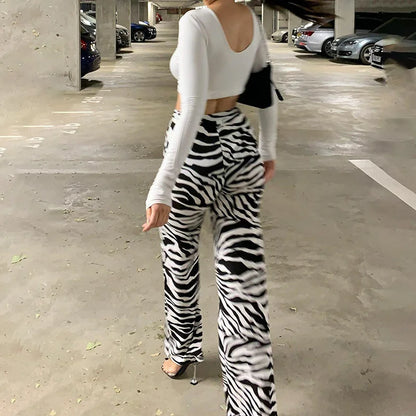 2024 Summer Zebra Print Wide Leg Pants Y2K Trousers Sexy High Waist Women New Fashion Casual Female Stripe Streetwear 16395