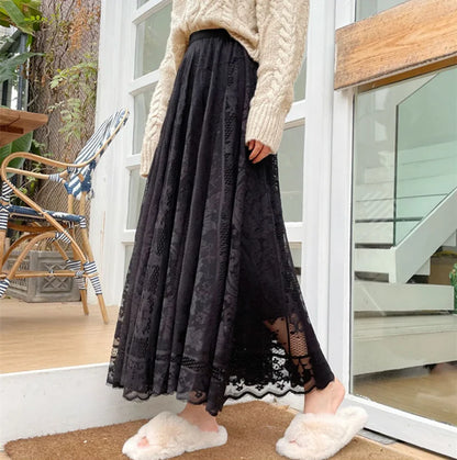 Long Maxi Skirts For Women Spring Summer Korean Cute Princess Style Elastic High Waisted A-Line Floral Lace Skirt White Black