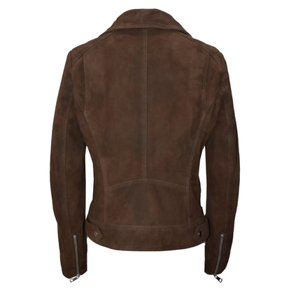 Women's Moto Biker Jacket Suede Leather, Asymmetrical Zip Front | Brown