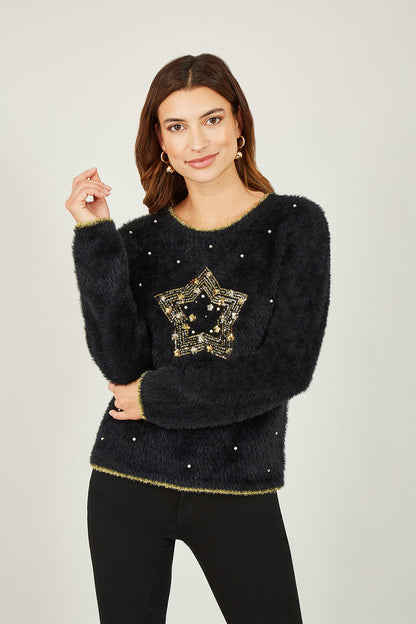 Mela Black Fluffy Star Christmas Jumper