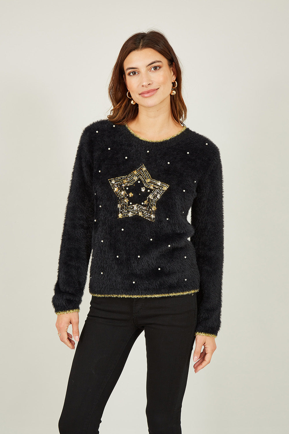 Mela Black Fluffy Star Christmas Jumper