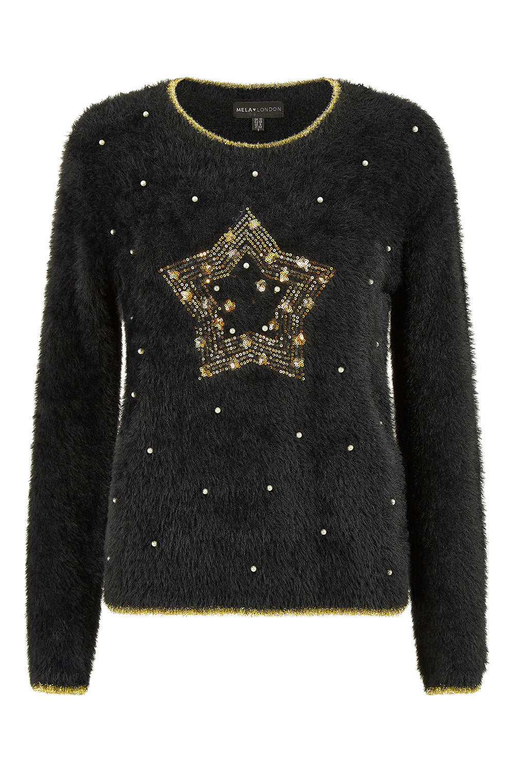 Mela Black Fluffy Star Christmas Jumper
