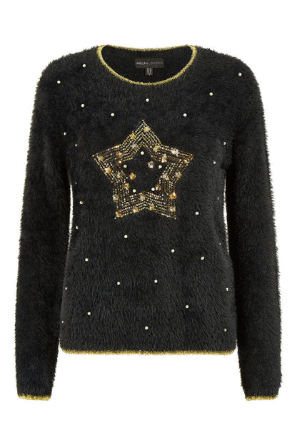 Mela Black Fluffy Star Christmas Jumper