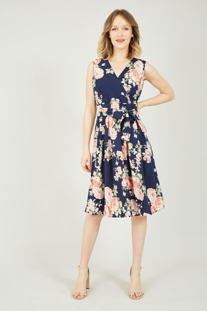 Yumi Navy Rose Printed Wrap Over Sleeveless Skater Dress