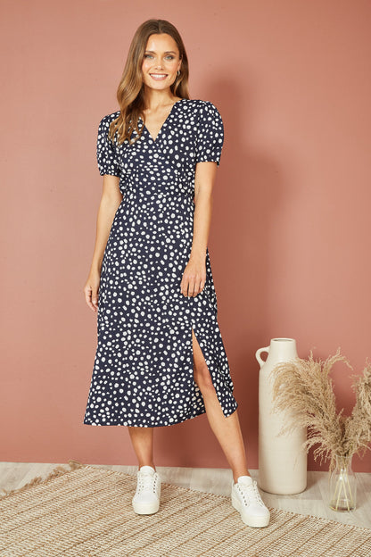 Yumi Navy Spot Midi Tea Dress