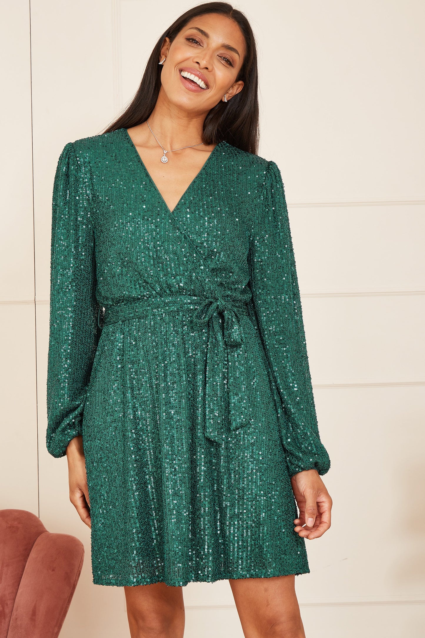 Mela Green Sequin Belted Wrap Long Sleeve Dress