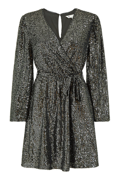 Mela Black Sequin Belted Wrap Long Sleeve Dress