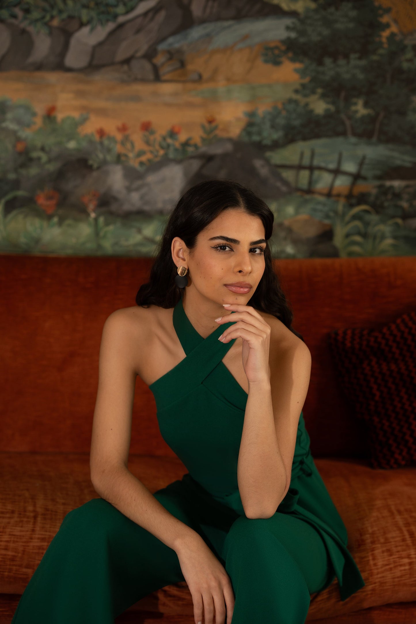 Yumi Green Cross Over Halter Neck Jumpsuit