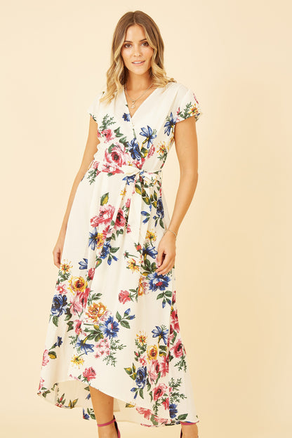 Yumi Ivory Floral Wrap Dip Hem Dress