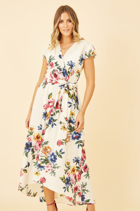 Yumi Ivory Floral Wrap Dip Hem Dress