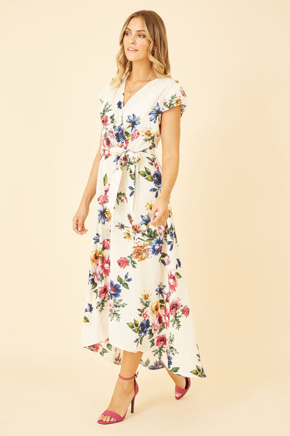 Yumi Ivory Floral Wrap Dip Hem Dress