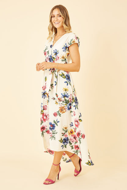 Yumi Ivory Floral Wrap Dip Hem Dress