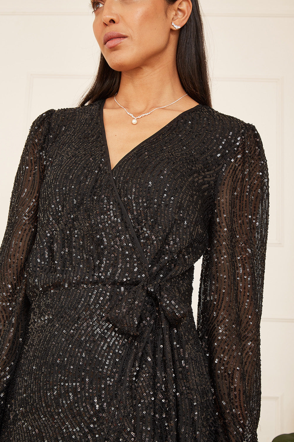 Mela Black Sequin Long Sleeve Frill Wrap Dress