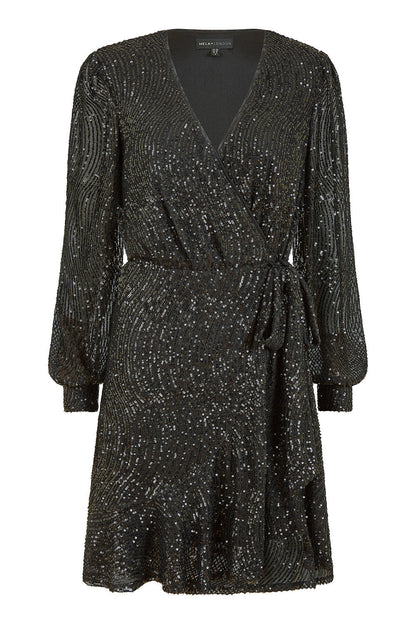 Mela Black Sequin Long Sleeve Frill Wrap Dress
