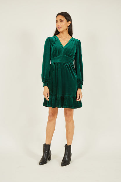 Yumi Green Velvet Long Sleeve Skater Dress