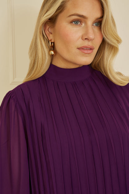 Yumi Plum Pleated Long Sleeve Top With High Neck