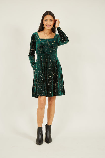 Yumi Green Star Foil Print Long Sleeve Skater Dress