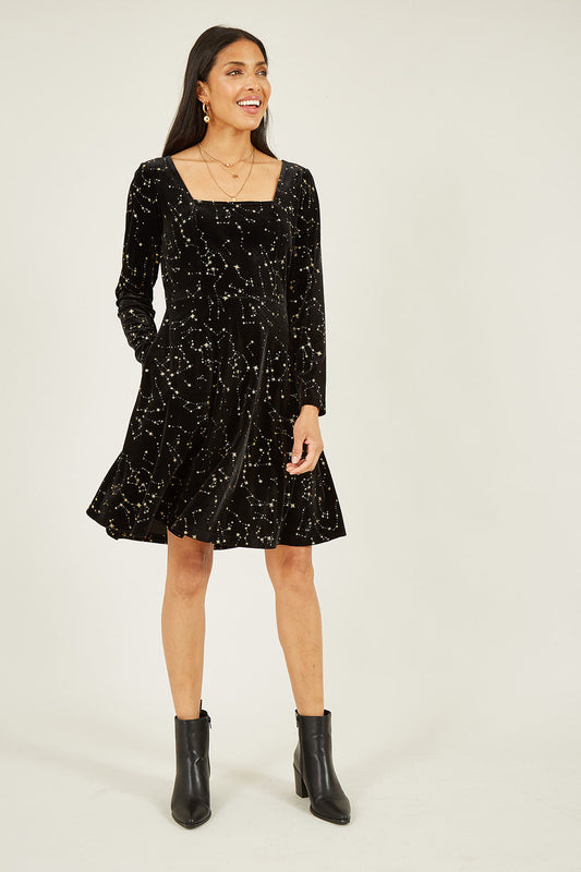Mela Black Star Foil Print Long Sleeve Skater Dress