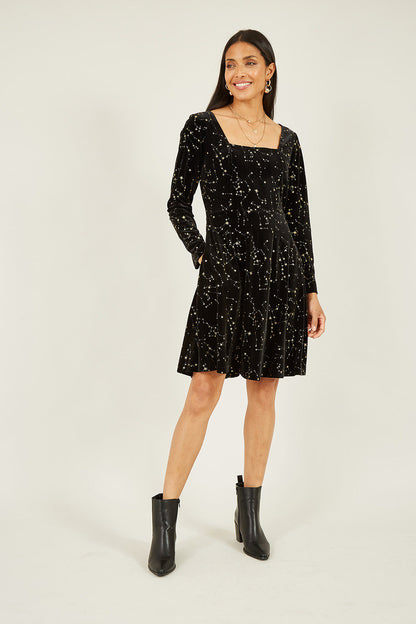 Mela Black Star Foil Print Long Sleeve Skater Dress