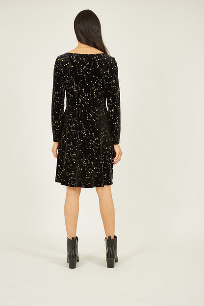Mela Black Star Foil Print Long Sleeve Skater Dress